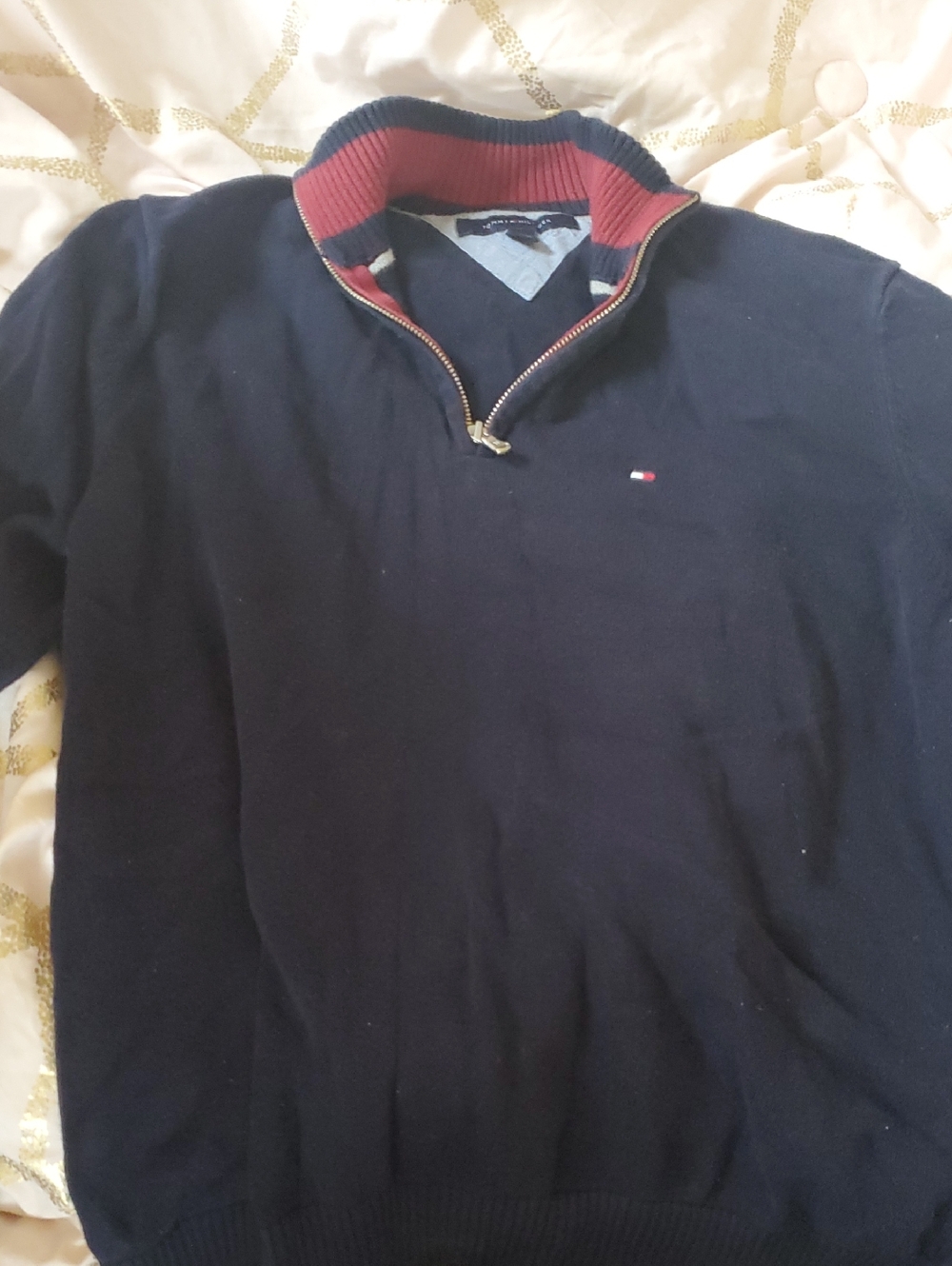 Tommy Hilfiger Navy Half-Zip Sweater with Red Collar Accent